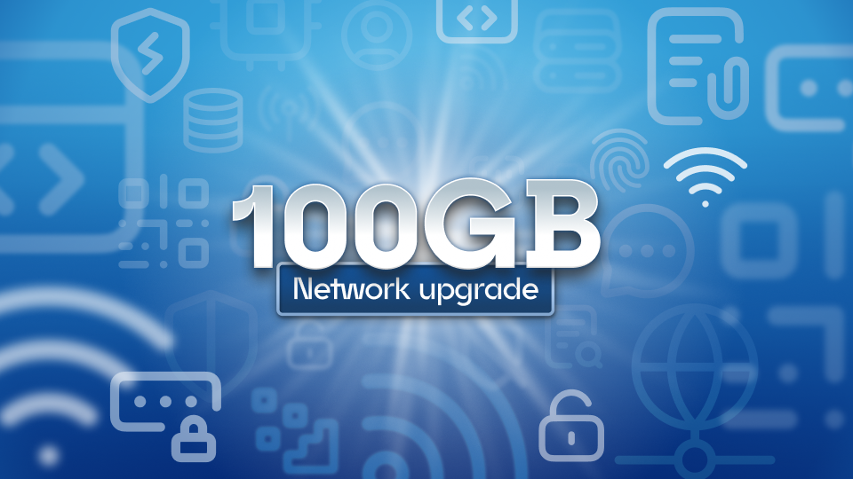 A collection of networking icons with text in the middle that reads 100GB Network upgrade