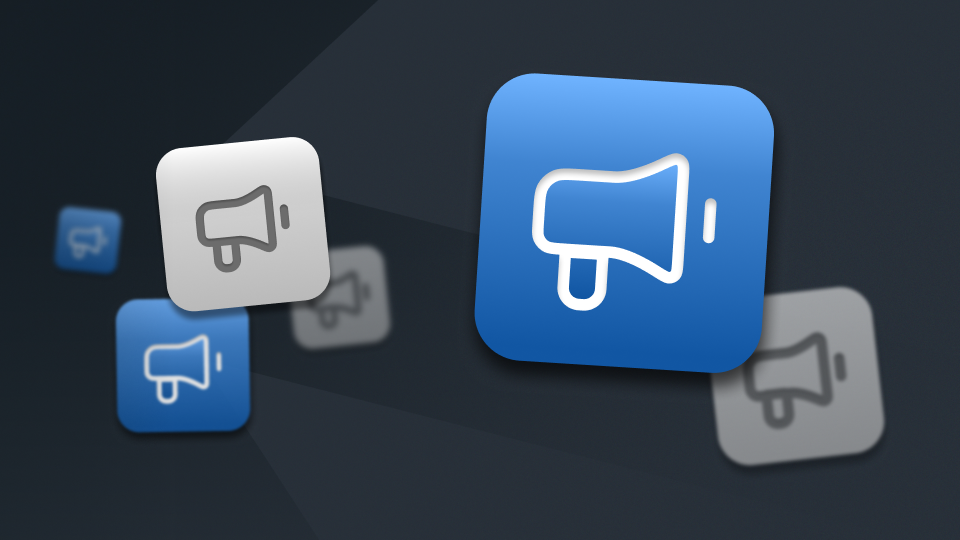 Blue and grey buttons with megaphone icons on a black background